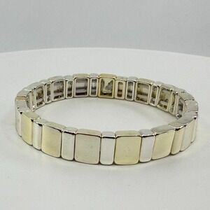 Two-Tone Metal Block Link Stretch Bracelet Gold & Silver Tone Stacking Wristband